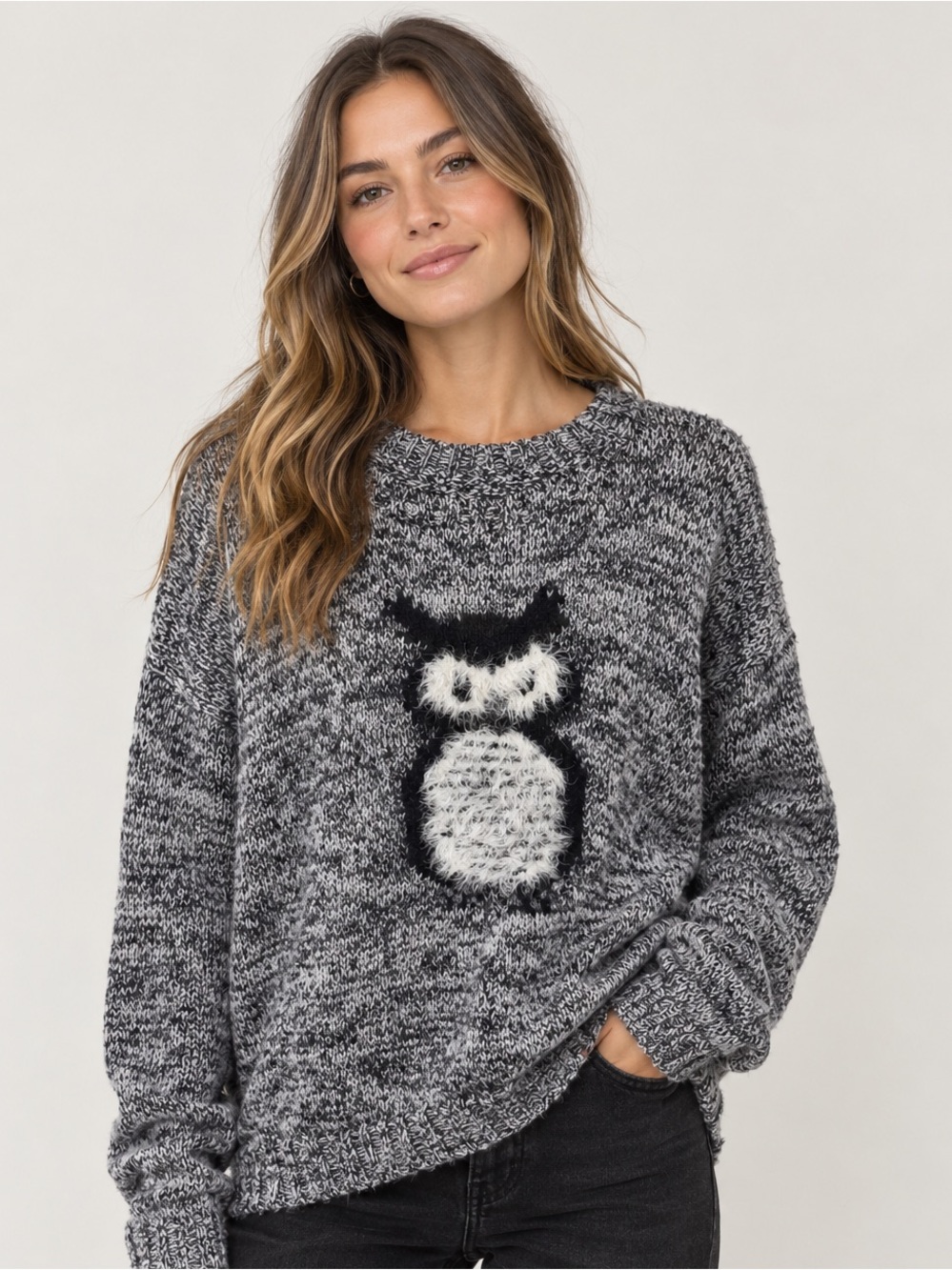 Gray Owl Knit Sweater (Cozy/Fuzzy) — [Size XL]